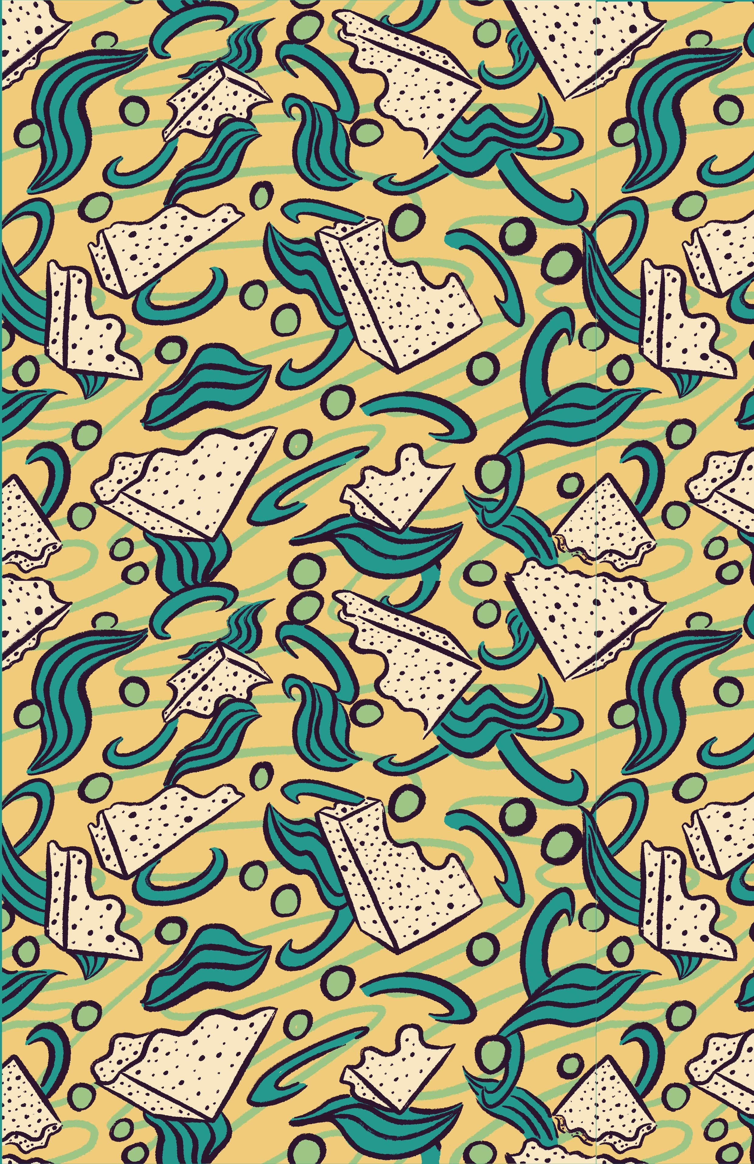 Endpaper, featuring a tofu curry draws in greens and yellows